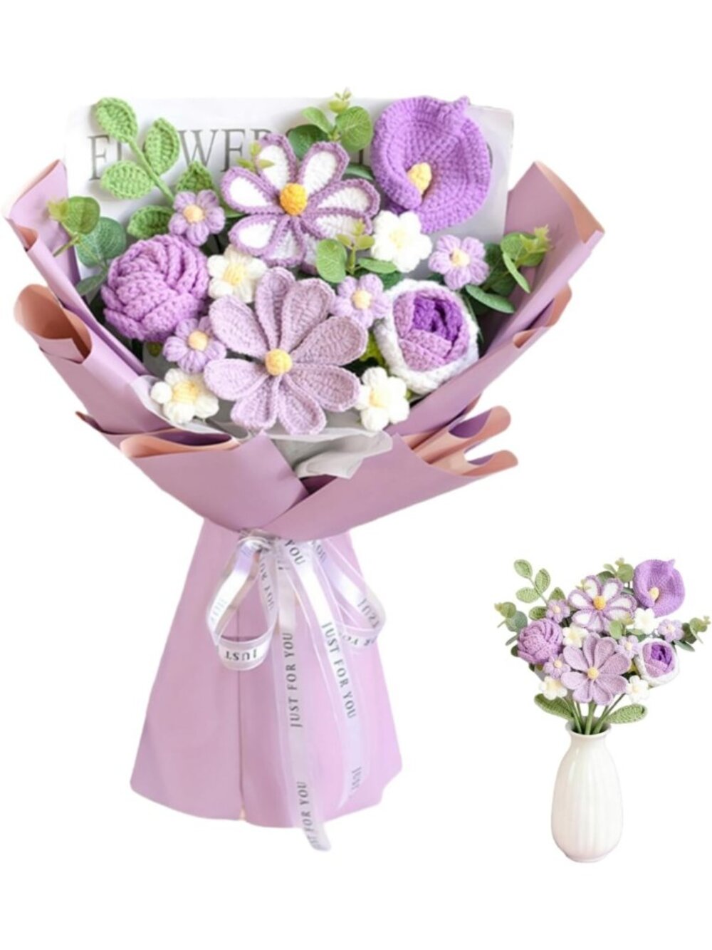 Handmade Crochet Flower Bouquet - Knitted Tulips & Colorful Flowers for Home